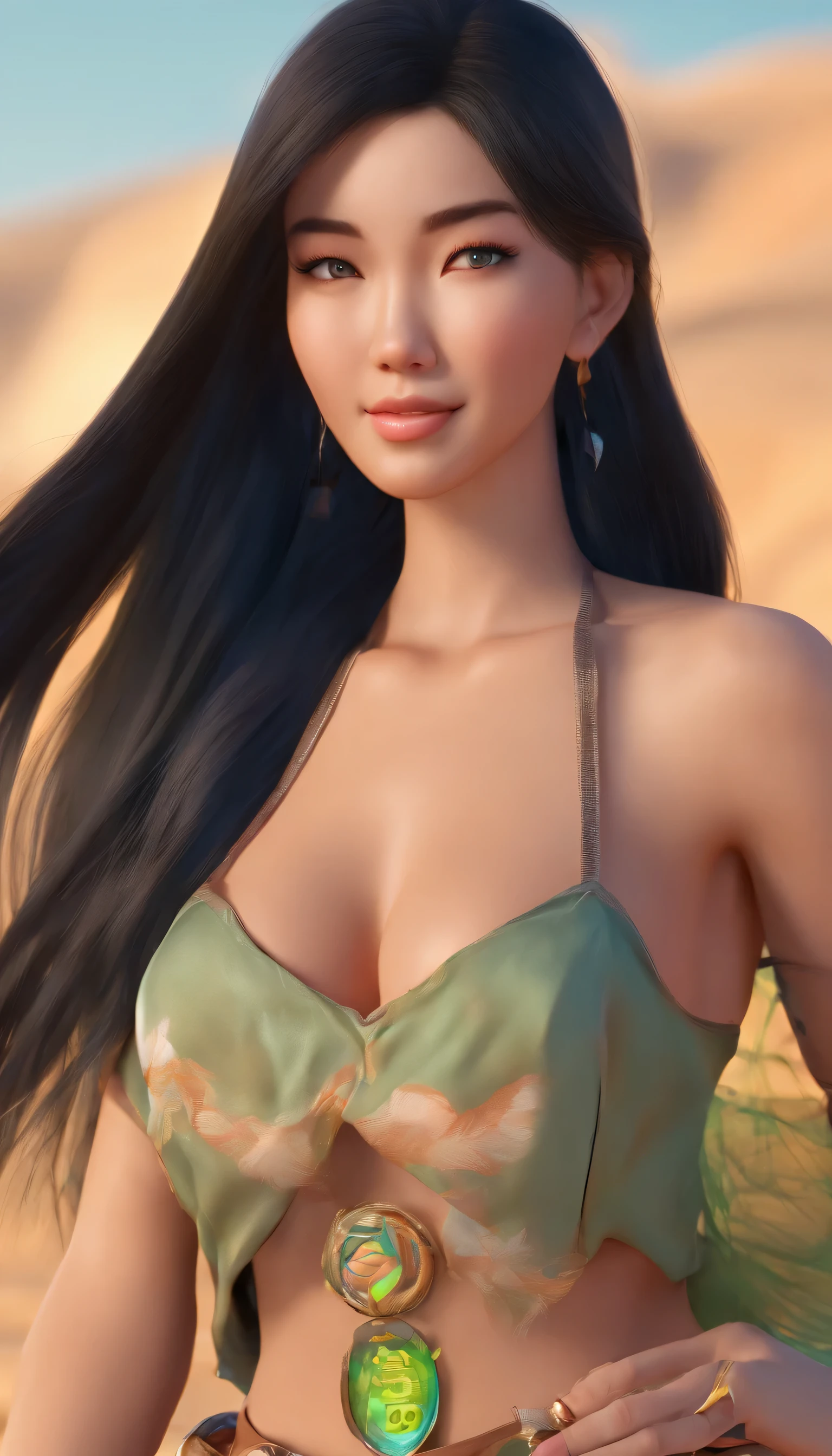 black hair, Like, super detail asian girl in the desert full body with long blue hair green eyes hyper detailed detailed look happy flirtatious smile beautiful face hyper detailed big breasts big wide hips