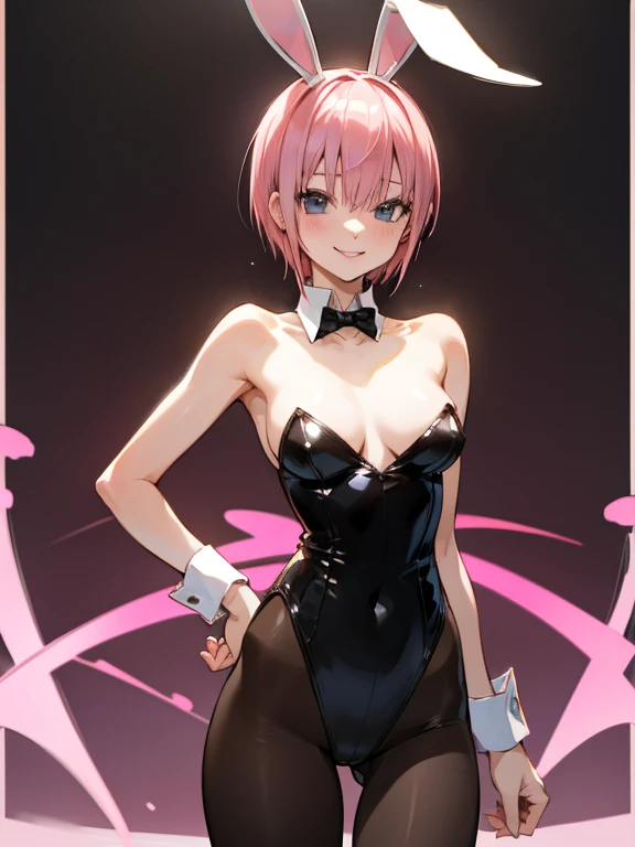 nakano ichika, pink hair, short hair, pantyhose, playboy bunny, bare shoulders, smile, cowboy shot, highly detailed, HD, 4K, Masterpiece, highres