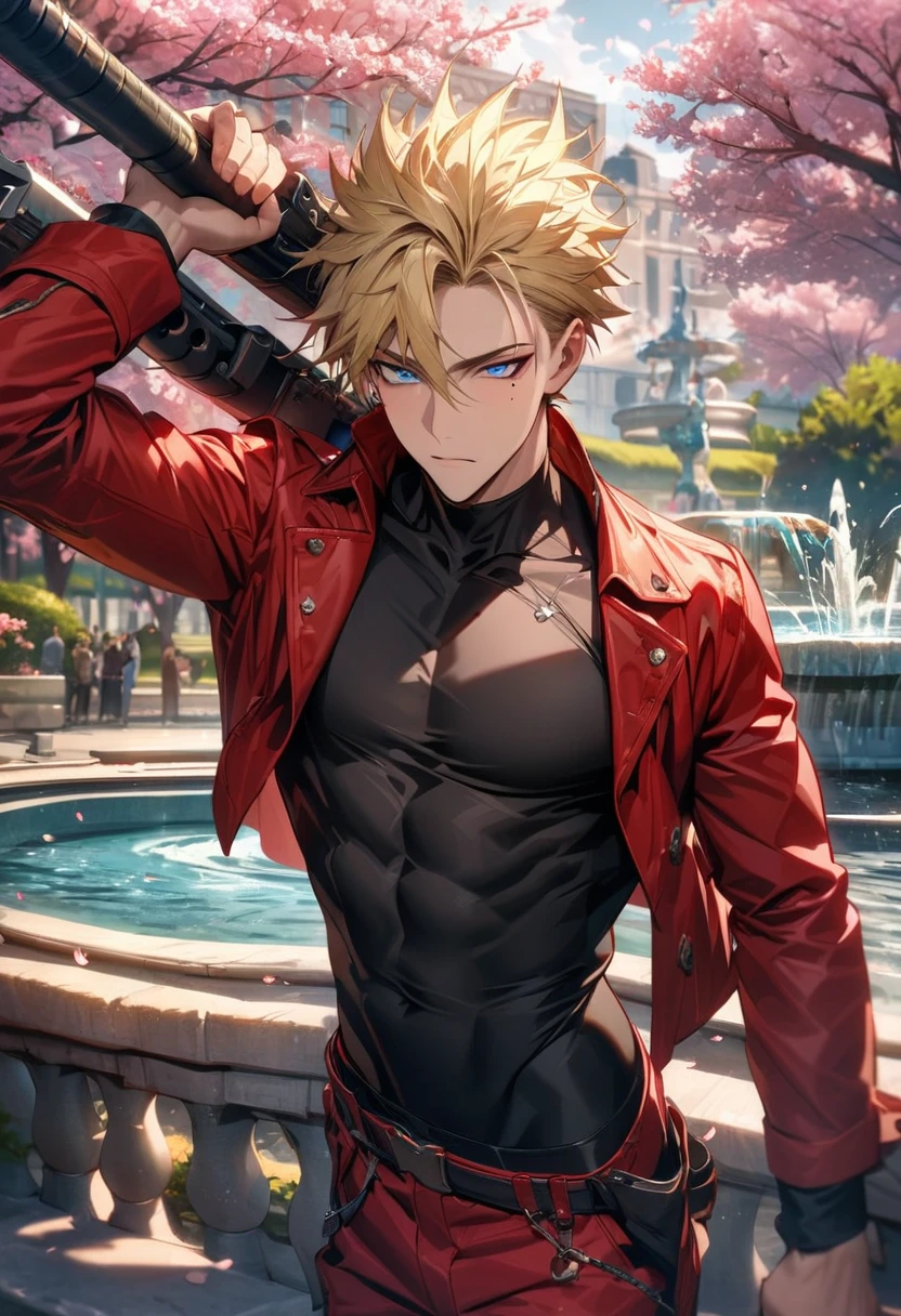absurdres, highres, ultra detailed, HDR, master piece, best quality, extremely detailed face and eyes, Vash Stampede, blonde hair, expressive blue eyes, Trigun, mole under the right eye, solo, sexy man, toned chest, handsome, red coat, black tight shirt, pink flowers, park, cherry blossom, fountain