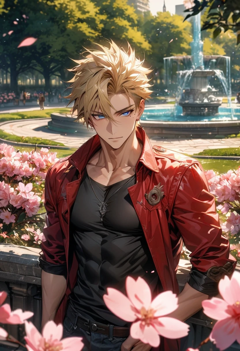 absurdres, highres, ultra detailed, HDR, master piece, best quality, extremely detailed face and eyes, Vash Stampede, blonde hair, expressive blue eyes, Trigun, mole under the right eye, solo, sexy man, toned chest, handsome, red coat, black tight shirt, pink flowers, park, cherry blossom, fountain