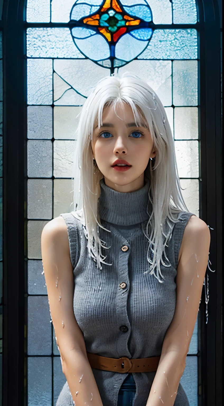 masterpiece, best quality, (Practical, Super real, Super reality:1.5), (photography), 1 Girl, (Clean and pure personality, Soft atmosphere:1.2), ((White hair, (Straight long wet hair):1.5)), (Smile:0.8), (Gentle eyes), Looking at the audience, Cowboy shooting, Movie images, rest (perfect beauty, Skin as delicate as porcelain, Very fair skin, Delicate and beautiful skin, Super smart, (Faces with random and very beautiful details:1.4), (symmetrical beautiful face, Symmetrical beautiful eyes, (blue eyes:1.2), Exquisite eye details, Delicate face:1.3), (big eyes, Ultra detailed eyes, Very clear eyes:1.4), Binocular synchronization, Focused gaze, Focus, Watch us, (Thin lips:1.5), Dark red lipstick, Pretty Face, The nose stripe is well defined), brake ((Grey Ultra-Fit Sleeveless Turtleneck Cardigan, Simple design:1.5), (Beige, cotton, skirt:1.2)), (Wide black collar), ((Mysterious light on church stained glass window:1.7)), (Plane lighting, spotlight,Indirect lighting:1.5), (Large Breasts, The breasts are beautifully shaped:1.4), rest (7 Heads, Model Diagram, thin neck, Thin shoulders, Sloping shoulder, (Narrow shoulders, Thin upper chest, Thinner below the chest, Thin waist), Thin arms, Thin legs:1.2),