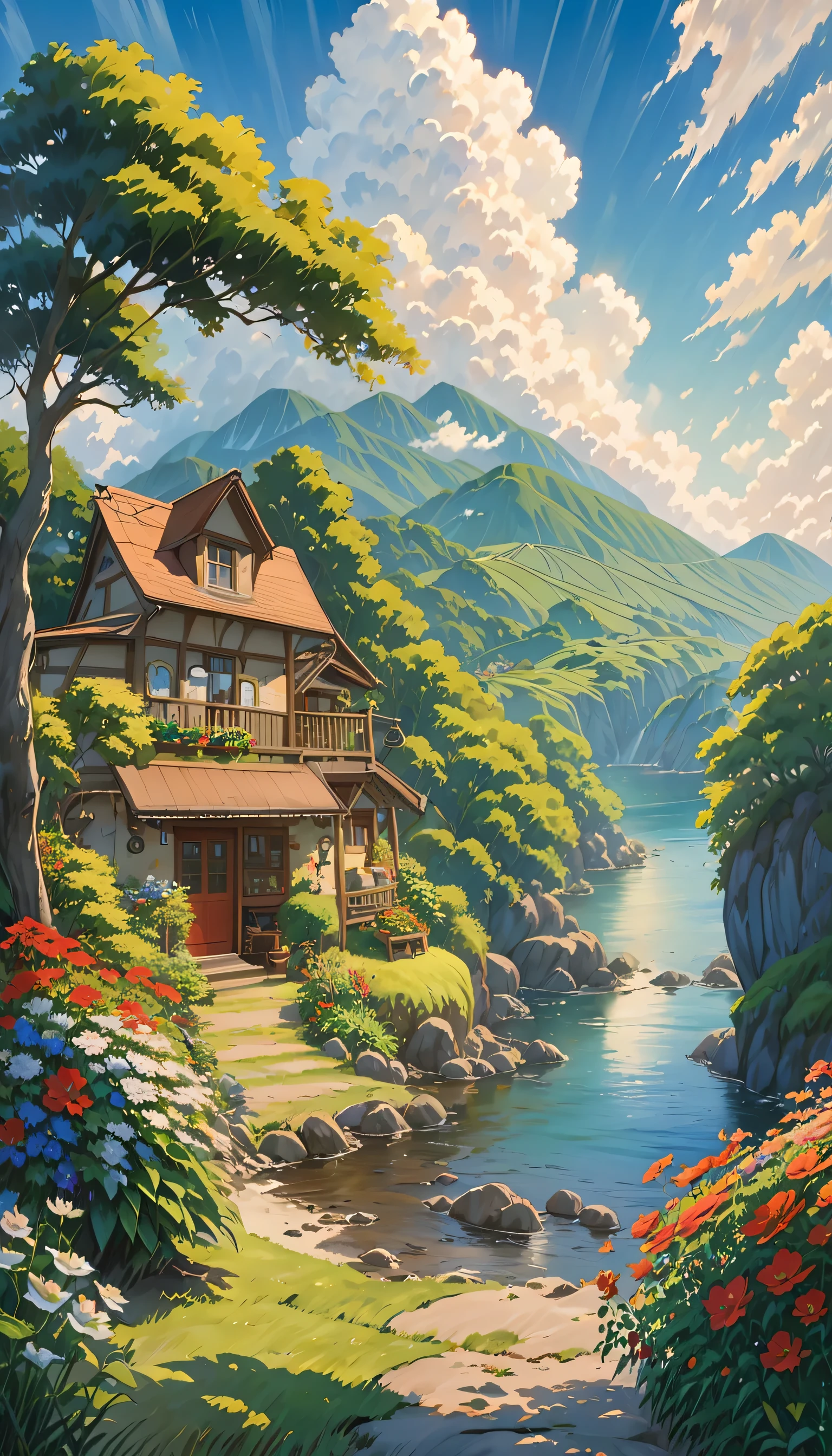 Realistic, authentic, beautiful and amazing landscape oil painting Studio Ghibli Hayao Miyazaki's petal grassland with blue sky and white clouds --v6