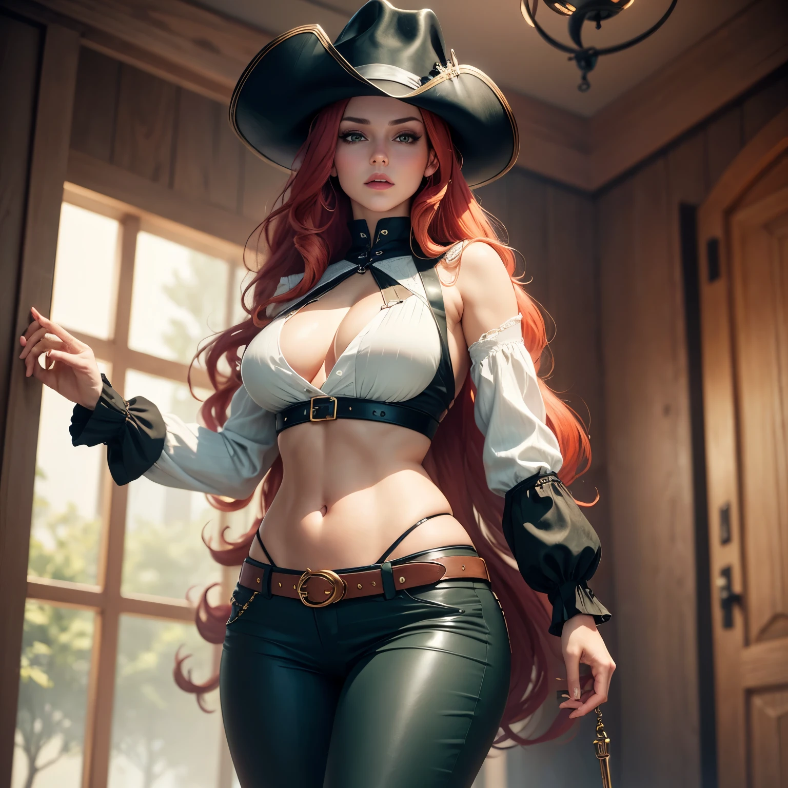 8k, masterpiece, best quality, realistic, higly detailed, cowboy shot, 1girl, female, solo, Sarah Fortune, russian features, Miss Fortune, beautiful woman, slim and voluptuous build, light skin, pale green eyes, long wavy scarlet-red hair, white blouse with seperate long sleeves, dark green vest that reveals her abdomen, black bell-bottom pants, black high-heeled boots, black pirate hat
