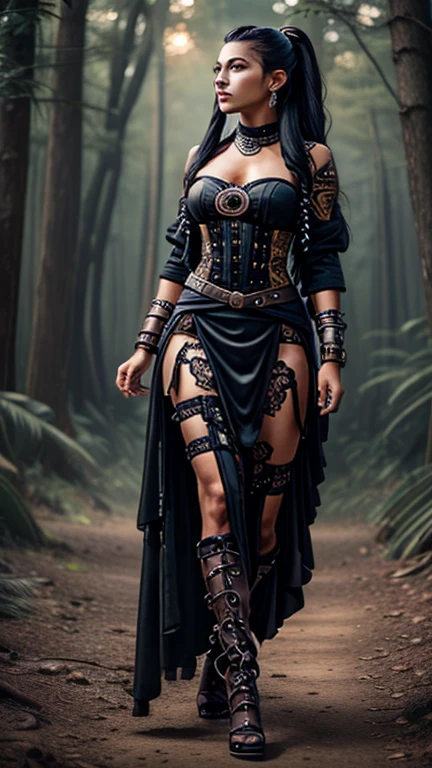 High resolution ultra detailed realistic photography of an Asian Indian woman with long legs and medium cup size, clothing tight crazy steampunk clothing with mullet maxi skirt and overknee stockings with curls and high heel boots underneath, there are many mechanical details and leather and lace on the steampunk clothing, Asian Indian woman in a standing swinging dancing model pose looking towards the camera, clothes swinging in the air, background glowing trees in a forest at night in a dark and mystical mood, woman has many large Indian tattoos, Photograph taken at night, medium breast size
