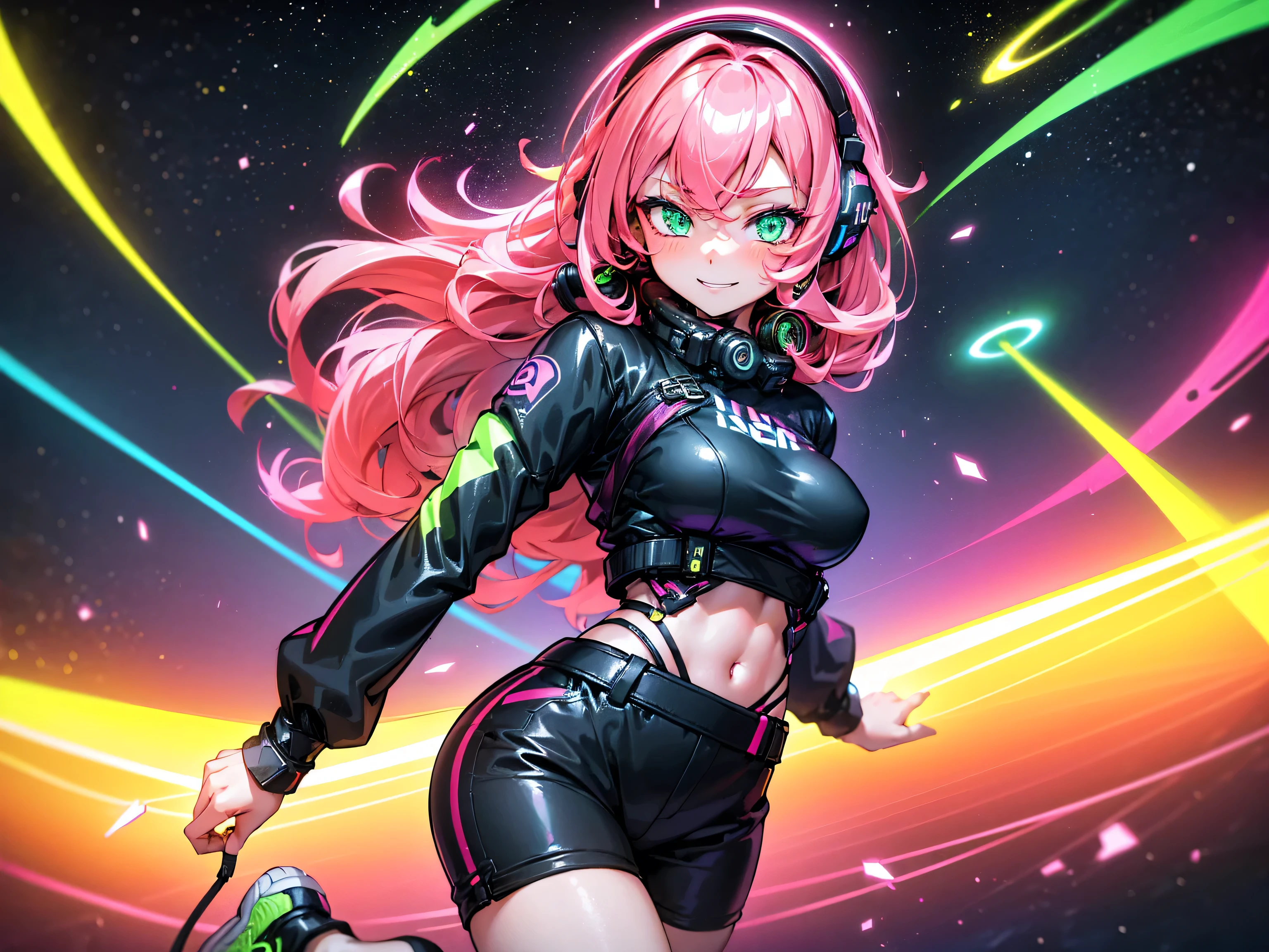 masterpiece:1.4, 1girl ((20year old, dressed in long sleeve shirt, tight black shorts, sneakers, medium breasts, multicolor pink hair, curly long hair, green eyes:1.4, Wearing headphones, happy, smiling, close up, floating in outer space:1.1 galaxy and earth in background:1.1, neon and energetic atmosphere:1.2)) ((nighttime)) ((solo:1.6))