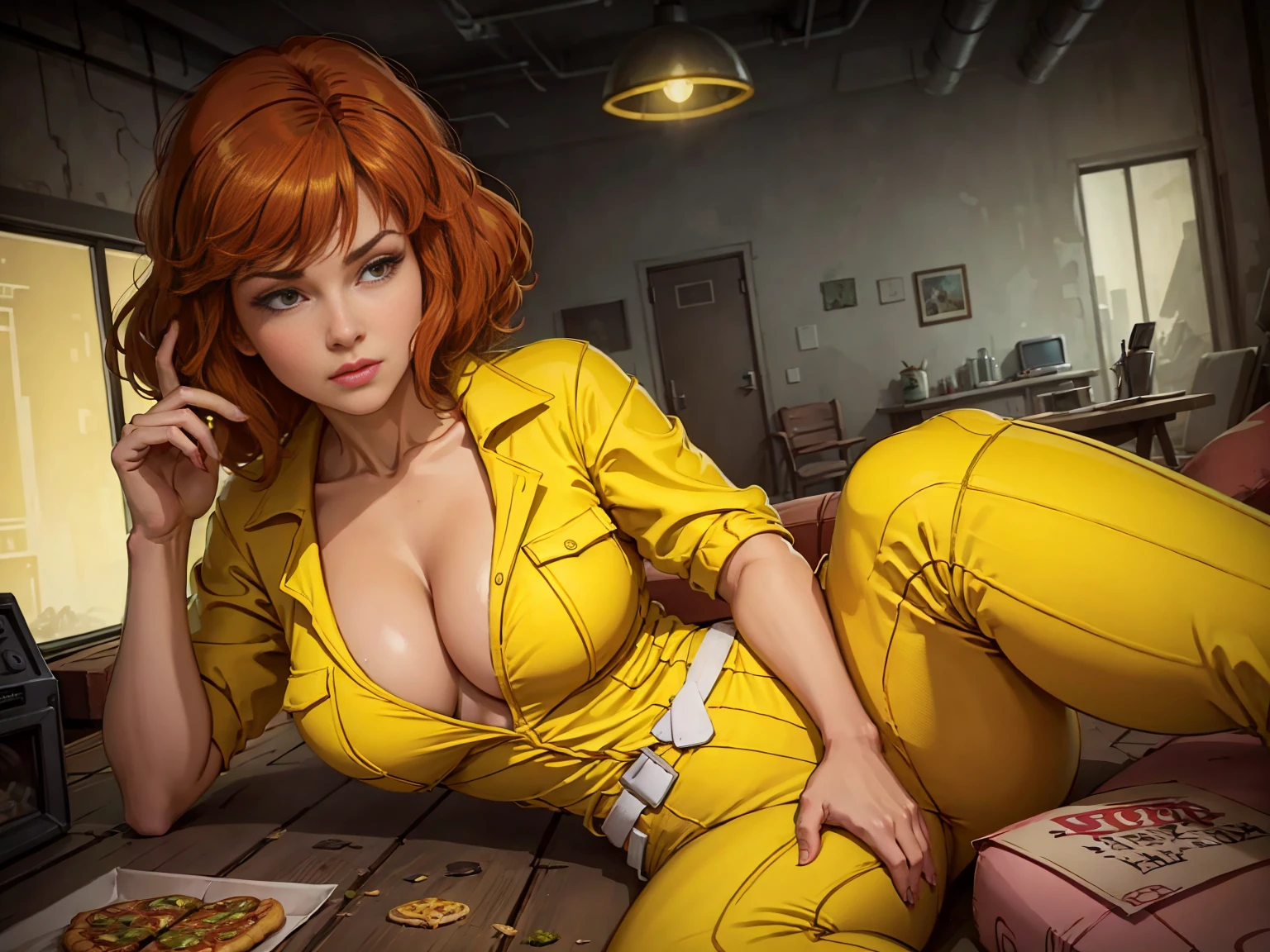 semi-realistic style, 1woman, april o'neil on sofa watching TV, april, white belt,yellow hip jersey suit, Half_old, neckline, hyperrealistic eyes, Beautiful eyes,detailed eyes, realistic face, beautiful, (a woman in yellow jumpsuit:0.3), cleavage, neon lighting, FanUn, highly detailled backround, in a room of sewer, undergrounds, old sofa, old table, old CRT TV, cardboard pizza boxes, moss on the wall, 