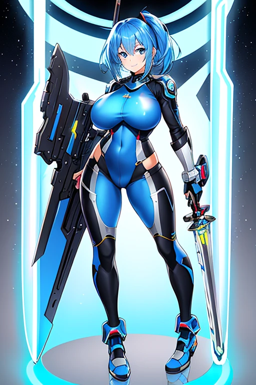 1girl, blue hair, very short hait, blue eyes, light skin, light-skinned female, hourglass figure, large breasts, lightsaber, sword, standing, full body, ((full_body)), pilot suit, bodysuit, white bodysuit, neon, neon trim, neon light, machinery, futuristic, smile, science-fiction, tech, pixie cut, light smile
