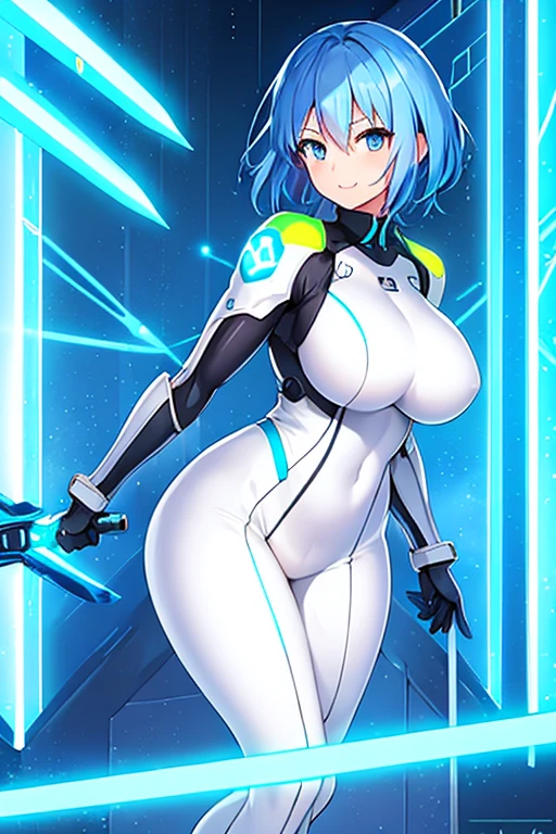 1girl, blue hair, very short hait, blue eyes, light skin, light-skinned female, hourglass figure, large breasts, lightsaber, sword, standing, full body, ((full_body)), pilot suit, bodysuit, white bodysuit, neon, neon trim, neon light, machinery, futuristic, smile, science-fiction, tech,