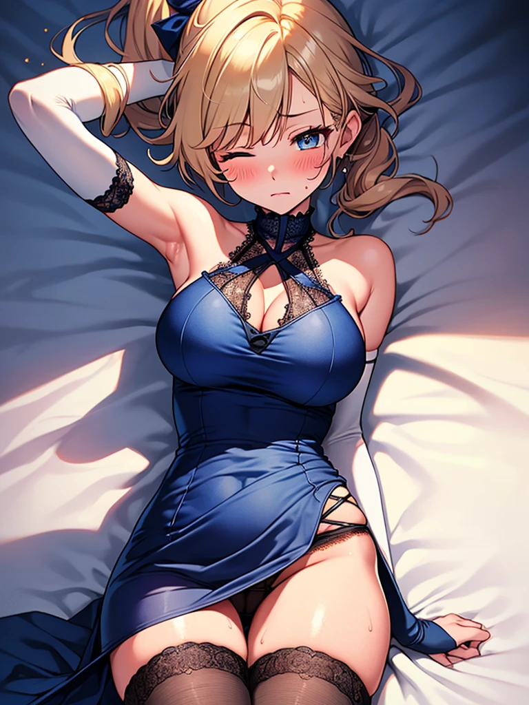 (highest quality, High resolution, perfect pixel, Depth of bounds written, 4K), (from above), hotel room, detailed eyes, (1 lady), tall, (skinny body:1.2) , (thin thighs:1.2), large breasts, (side boob), blond hair, (ponytail:1.2), (midnight blue one side slit dress:1.2), (sleeveless), cross halter, bare back, elbow gloves, (lace legwear:1.2), (lying on back:1.2), (knee up), (breast hold), (sad), blush, one eye closed, sweat, panty shot,