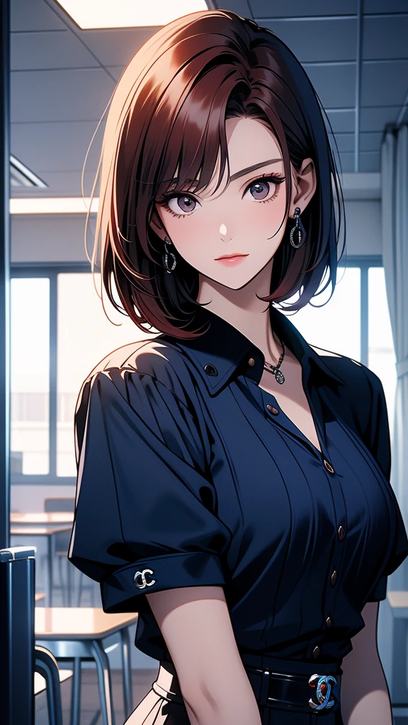 A 24-year-old high school girl with a European appearance, short red hair with a Chanel cut and no bangs, dark eyes, and is apparently tall, has a kind and mature face, she is wearing English clothes. dark blue in color, it is inside an English high school,