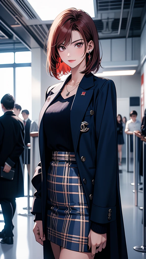 A 24-year-old high school girl with a European appearance, short red hair with a Chanel cut and no bangs, dark eyes, and is apparently tall, has a kind and mature face, she is wearing English  clothes. dark blue in color, it is inside an English high school,
