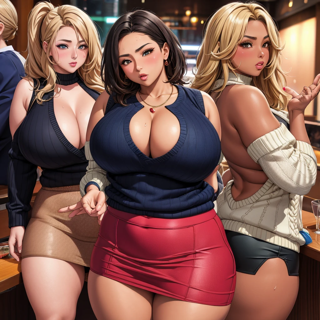 masterpiece,ultra detailed,(sexy micro skirt,sexy revealing sweater),look at viewer,thick arms,gyaru,gal,27 years old,(tanned skin:1.1),(tareme),(3females:1.3),curvy adult females,oval face,sweaty,at nightclub