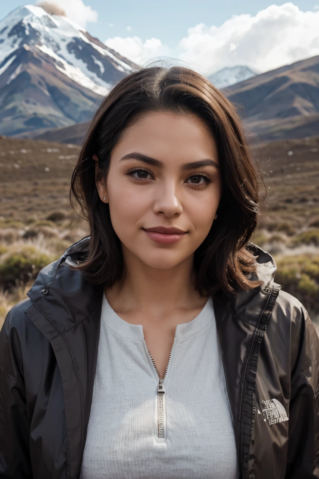 Christen Harper con una hermosa cara madura, tez oscura, short hair tied back, cejas grandes y tatuadas, Mirando directamente al espectador, brunette, senos extra grandes Representado de manera realista, usando una chompa impermeable north face para el frio que complementa su color de cabello, mostrando sus hombros y cuello, voluptuosa, con un bronceado acentuado y joyas elegantes, lipstick staining her lips, nariz definida, sonriendo, en el nevado Cotopaxi