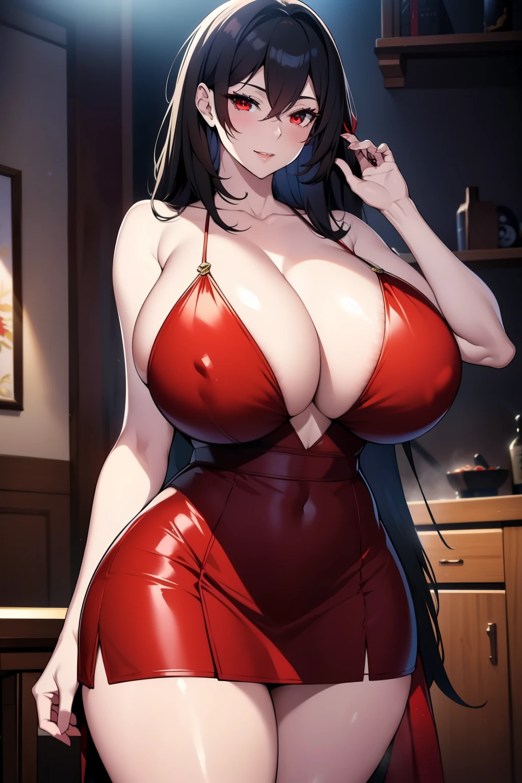 An anime-style artwork depicting Taihou [Azur Lane] 
Tags: Taihou, anime, detailed eyes, detailed lips, ass, (black hair), red eyes, bare shoulders, (red party dress : 1.1), curvy, thighs, higheels, shiny clothes, skin tight, short hair, solo, huge breasts, smiling expression, intense gaze, dynamic pose, indoor, palace, vibrant colors, digital art, high-resolution, professional quality, gigantic breasts, cleavage, curvy, cowboy shot, (gigantic breasts: 1.4)