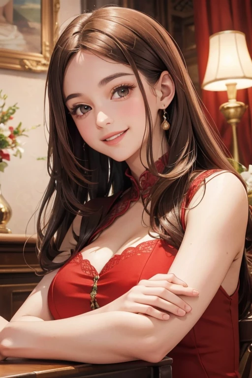 Italian girl, age 25, busty, long brown hair, smiling face, elegant red dress