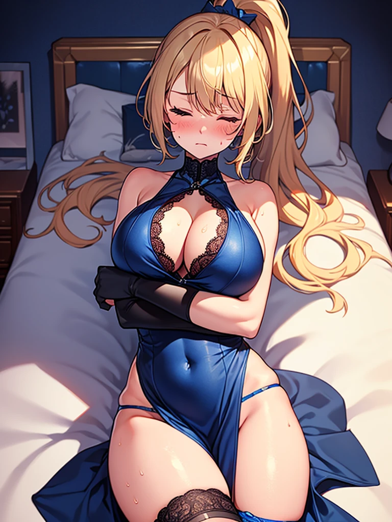 (highest quality, High resolution, perfect pixel, Depth of bounds written, 4K), (from above), hotel room, detailed eyes, (1 lady), tall, (skinny body:1.2) , (thin thighs:1.2), large breasts, (side boob), blond hair, (ponytail:1.2), (midnight blue one side slit dress:1.2), (sleeveless), cross halter, bare back, elbow gloves, (lace legwear:1.2), (lying on back:1.2), arched back, (knee up), (breast hold), (sad), blush, one eye closed, sweat, panty shot,