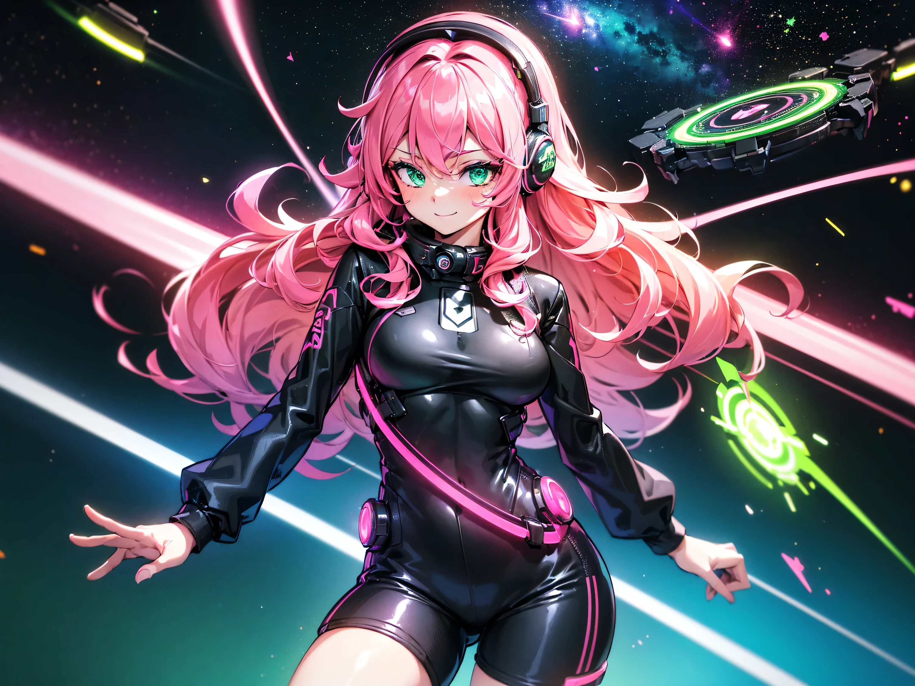 masterpiece:1.4, 1girl ((20year old, dressed in long sleeve shirt, tight black shorts, sneakers, medium breasts, multicolor pink hair, curly long hair, green eyes:1.4, Wearing headphones, happy, smiling, close up, floating in outer space:1.1 galaxy and earth in background:1.1, neon and energetic atmosphere:1.2)) ((nighttime)) ((solo:1.6))