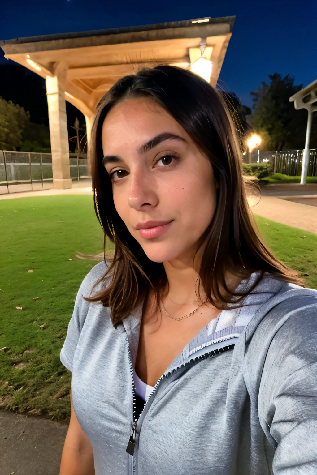 femme brune selfie,((best quality)), ((masterpiece))), (detailed), perfect face,femme brune selfie,in a jogging park at night time