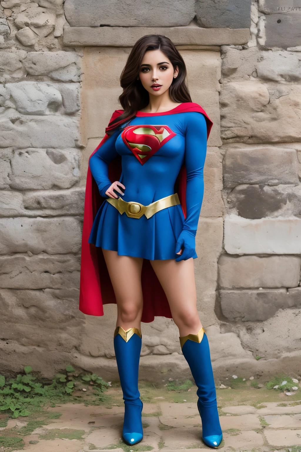Super heroina que use color ROSA y azul con una Diana en la cabeza y su ropa tenga Micro estampado de pentagonos