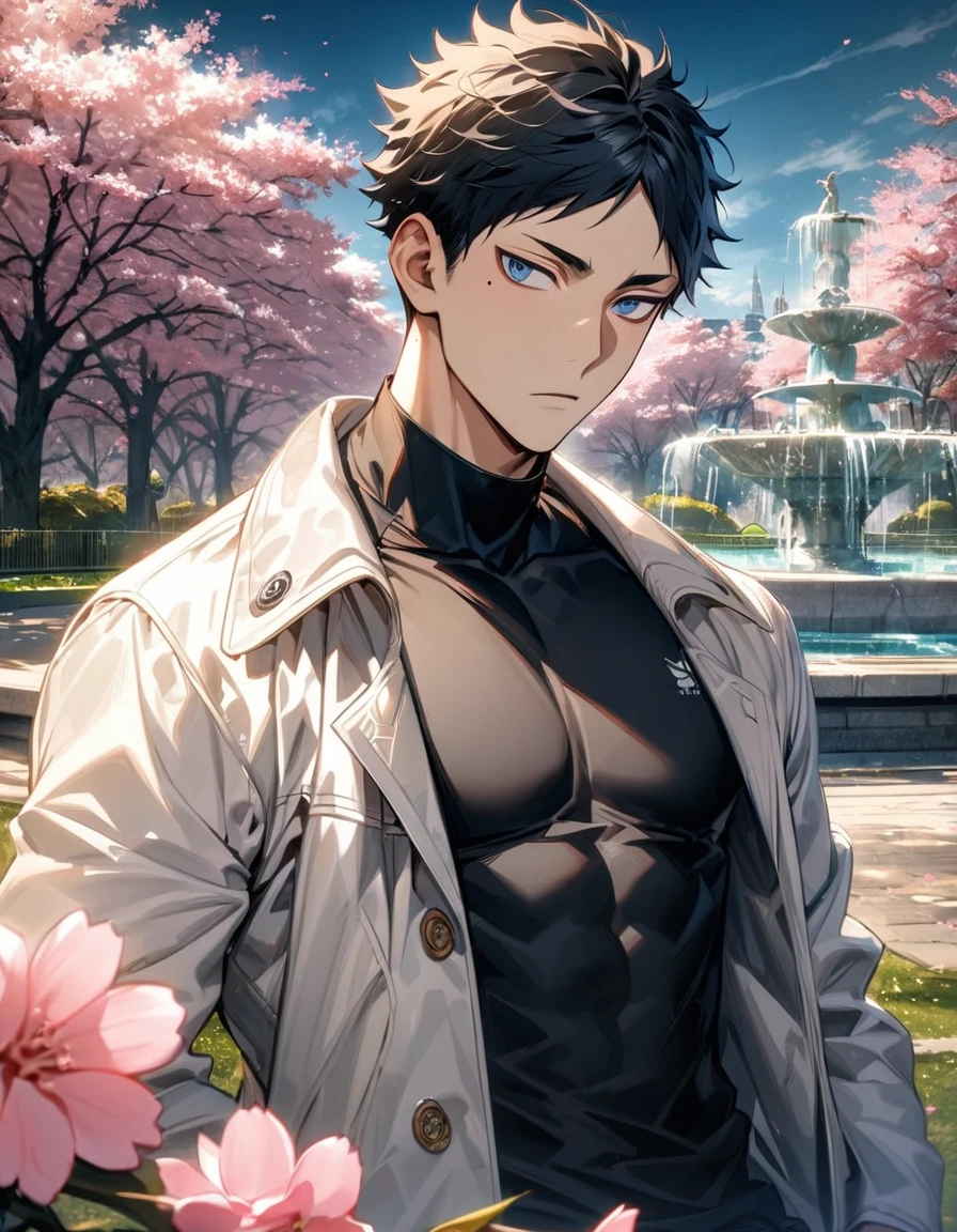 absurdres, highres, ultra detailed, HDR, master piece, best quality, extremely detailed face and eyes, Akaashi Keiji, black hair, expressive dark blue eyes, Haikyuu, mole under the right eye, solo, sexy man, toned chest, handsome, white coat, black tight shirt, pink flowers, park, cherry blossom, fountain
