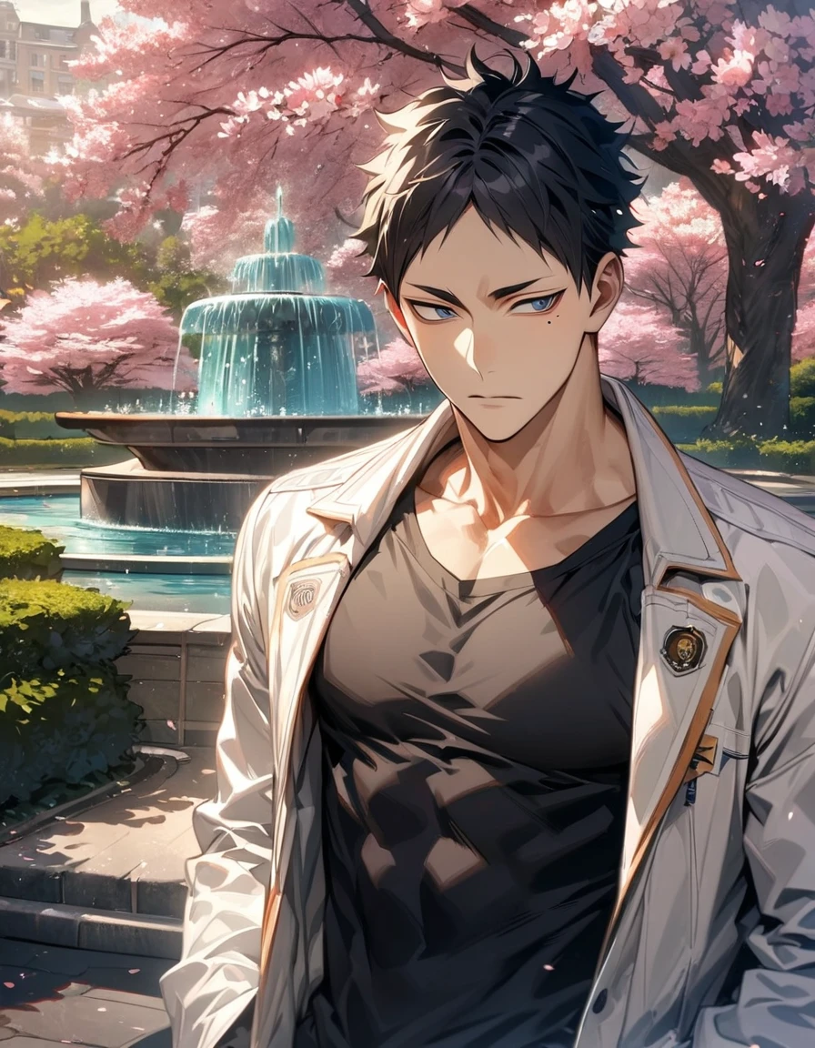 absurdres, highres, ultra detailed, HDR, master piece, best quality, extremely detailed face and eyes, Akaashi Keiji, black hair, expressive dark blue eyes, Haikyuu, mole under the right eye, solo, sexy man, toned chest, handsome, white coat, black tight shirt, pink flowers, park, cherry blossom, fountain