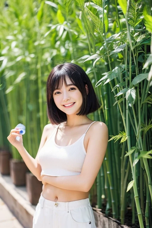 anime　Japanese woman with short black hair　20th Generation　smile　White tank top　Digging for bamboo shoots