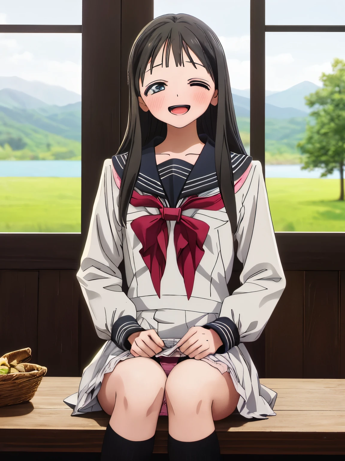 highest quality,High resolution、anime illustration style、takagi-san, one girl、closed mouth、smile、beautiful flower々Park with blooming flowers、A cute girl no matter who you look at、put your hands on your hips、absolute reference to center、smooth hair、closed mouth、black hair、brown eyeedium hair, serafuku,cute sailorunform, (masutepiece, Best Quality:1.2), 8K, 85 mm, Official art, Raw photo, absurderes, A dark-haired, (Blue eyes, ta Fashion, sweetlolita, Gothic, Dress:1.2), Idol face, Upper body, Beautiful Girl, gardeniass, Copenhagen, Short sleeve, Elegance, Sophisticated, gardenia, Film grain, chromatic abberation, Sharp Focus, face lights, Dynamic lighting, Cinematic lighting,(( red blush、embarassed expression, Look away、Looking down in embarrassment:1.2))、(((tucking up the skirt、Pink panties are visible、Sujiman、slit)))、NSFW、A Certain Science Super Electromagnetic Cannon, stripe panties, vivid background, smiling at you, pleated skirt, mansuji, adorable girl, natural lights, (Realistic),(Photorealistic),akebi komichi, 1girl in, Long hair,((White School Shirt)), Brown hair, Part bangs, Brown eyes, white serafuku, Sailor collar, red neckerchief, Short skirt, Long sleeves, Forehead, Black socks, brown shoes, Smile, Looking at Viewer,(Sitting), masutepiece,Full body, Best Quality, (Colorful),volumatic light, Ray tracing,the Extremely Detailed CG Unity 8K Wallpapers,Smile,((flying petal)),(Flowery meadow), Sunny,Sunshine, light, Fantasy, Windy, magic sparks, Trees, lake, mountainscape, ((Flowers)),field, Takagi1, 1girl, long hair, open mouth, bangs, shirt, black hair, long sleeves, 1boy, sitting, , collarbone, closed eyes, white shirt, :d, serafuku, solo focus, indoors, sailor collar, blurry, neckerchief, depth of field, blurry background, ^_^, chair, facing viewer, red neckerchief, forehead, desk