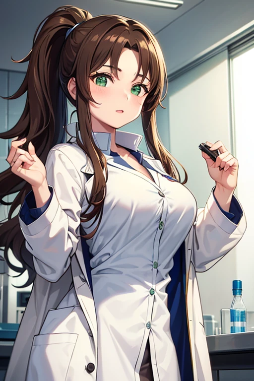 talian girl, 25 years old, wavy brown hair, tied in a ponytail, super breasts, white lab coat, green eyes, in a laboratory