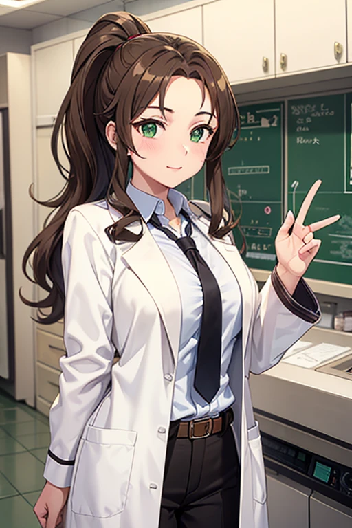 talian girl, 25 years old, wavy brown hair, tied in a ponytail, super breasts, white lab coat, green eyes, in a laboratory