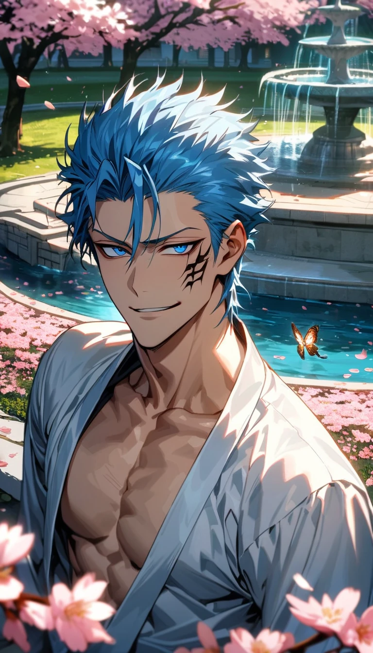 Ultra detailed, Highres, absurdres, HDR, Grimmjow Jaegerjaques, blue hair, expressive blue eyes, park, fountain, Bleach, pink flowers, petals, sexy man, handsome, solo, very detailed eyes and face, butterflies, white clothes, master piece, toned chest, cherry blossoms, smirking