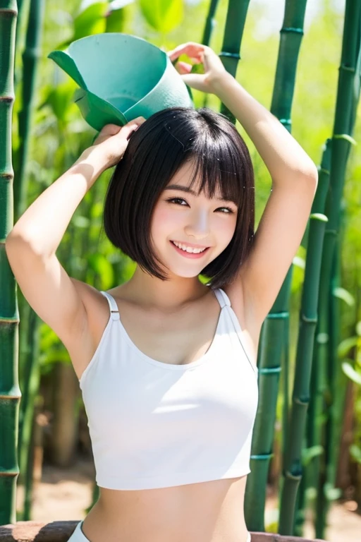 anime　Japanese woman with short black hair　20th Generation　smile　White tank top　Digging for bamboo shoots　Have a hoe