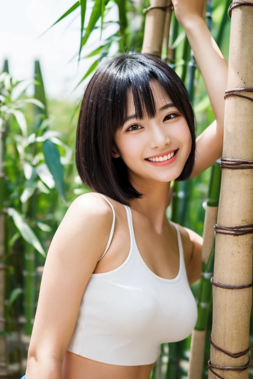 anime Japanese woman with short black hair 20th Generation smile White tank top Digging for bamboo shoots Have a hoe