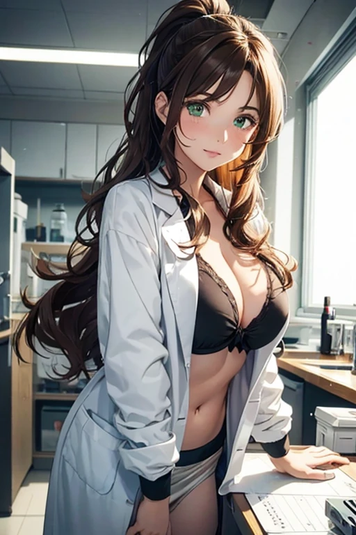 talian girl, 25 years old, wavy brown hair, tied in a ponytail, super breasts, white lab coat, green eyes, in a laboratory