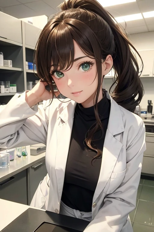 talian girl, 25 years old, wavy brown hair, tied in a ponytail, super breasts, white lab coat, green eyes, in a laboratory