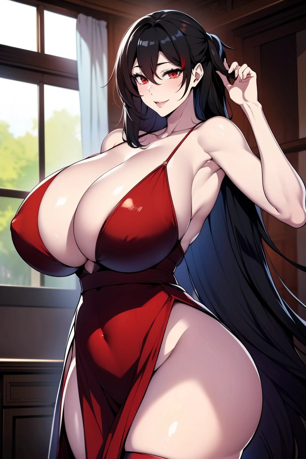 An anime-style artwork depicting Taihou [Azur Lane] 
Tags: Taihou, anime, detailed eyes, detailed lips, ass, (black hair), red eyes, bare shoulders, (red party dress : 1.1), curvy, thighs, higheels, shiny clothes, skin tight, short hair, solo, huge breasts, smiling expression, intense gaze, dynamic pose, indoor, palace, vibrant colors, digital art, high-resolution, professional quality, gigantic breasts, cleavage, curvy, cowboy shot, (gigantic breasts: 1.4)