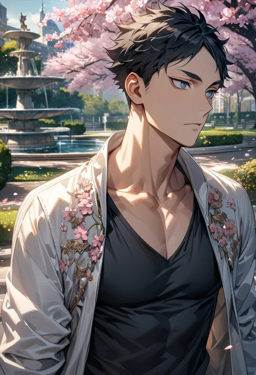 absurdres, highres, ultra detailed, HDR, master piece, best quality, extremely detailed face and eyes, Akaashi Keiji, black hair, expressive dark blue eyes, Haikyuu, solo, sexy man, toned chest, handsome, white coat, black tight shirt, pink flowers, park, cherry blossom, fountain