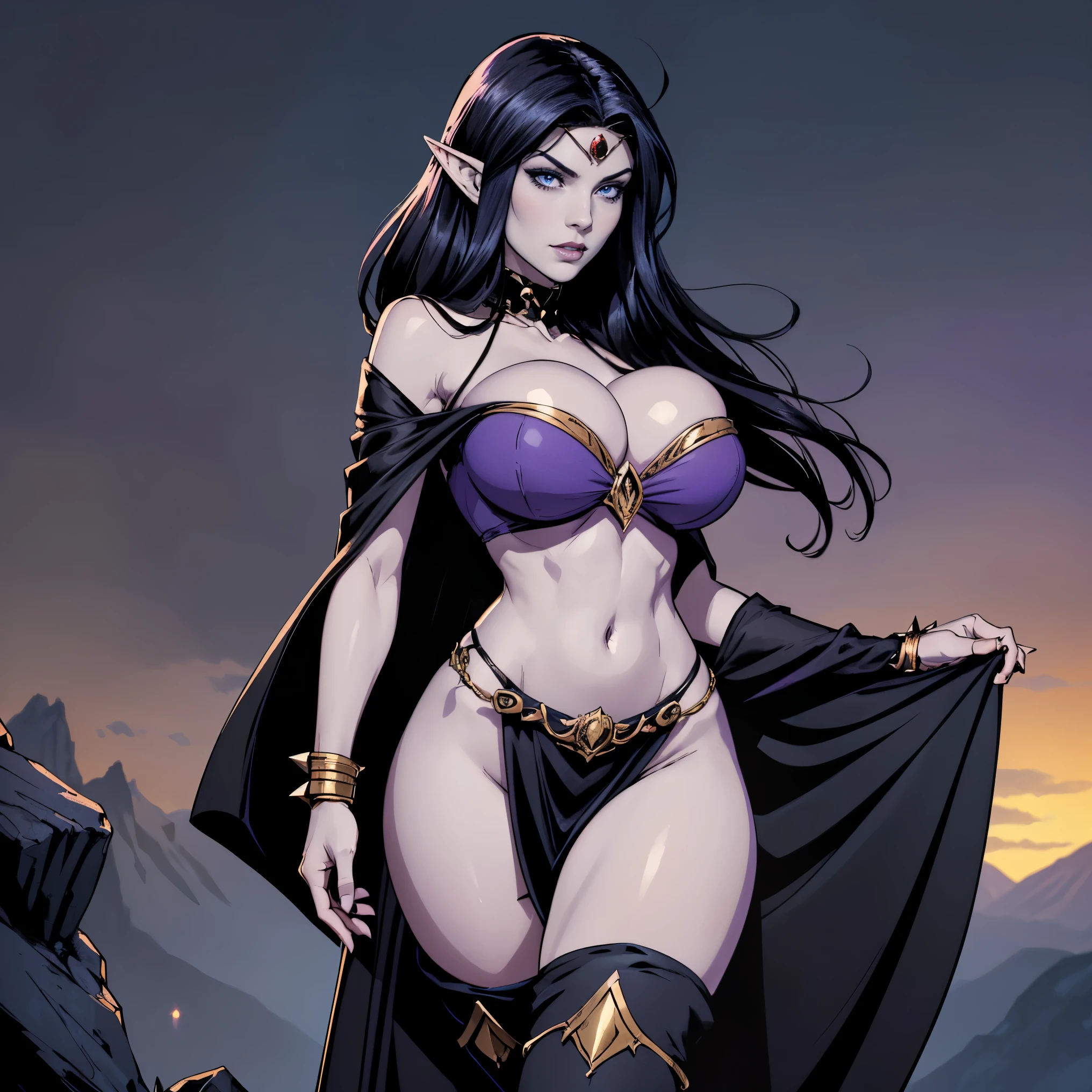 (masterpiece, top quality, best quality, official art, beautiful and aesthetic:1.2), (1girl:1.3), ((Sharp facial features, sharp features, hawkish features)), ((big hair, long elf ears, long black hair)), (((pale purple skin, pale blue skin, blue skin, purple skin))), big tiddy dark elf girl, extremely detailed, portrait, looking at viewer, solo, (full body:0.6), detailed background, full-body shot, (cold night mountain theme:1.1), dark elf war dancer, (spiky winged headdress), charlatan, smirk, mysterious, swaying in mountains, skimpy attire, revealing gladiatrix costume, ebony metal, gold filigree, gold bikini, circlet, metal bikini, long boots, dual knives, blood red fabric, pelvic curtain, loincloth, black leather, ((((gigantic breasts, cleavage, skindentation, long legs, pelvic curtain)))), cute belly button, toned tummy, slim waist, slim hips, long legs, medieval (mountain exterior:1.1) background, dark mysterious lighting, shadows, magical atmosphere, dutch angle