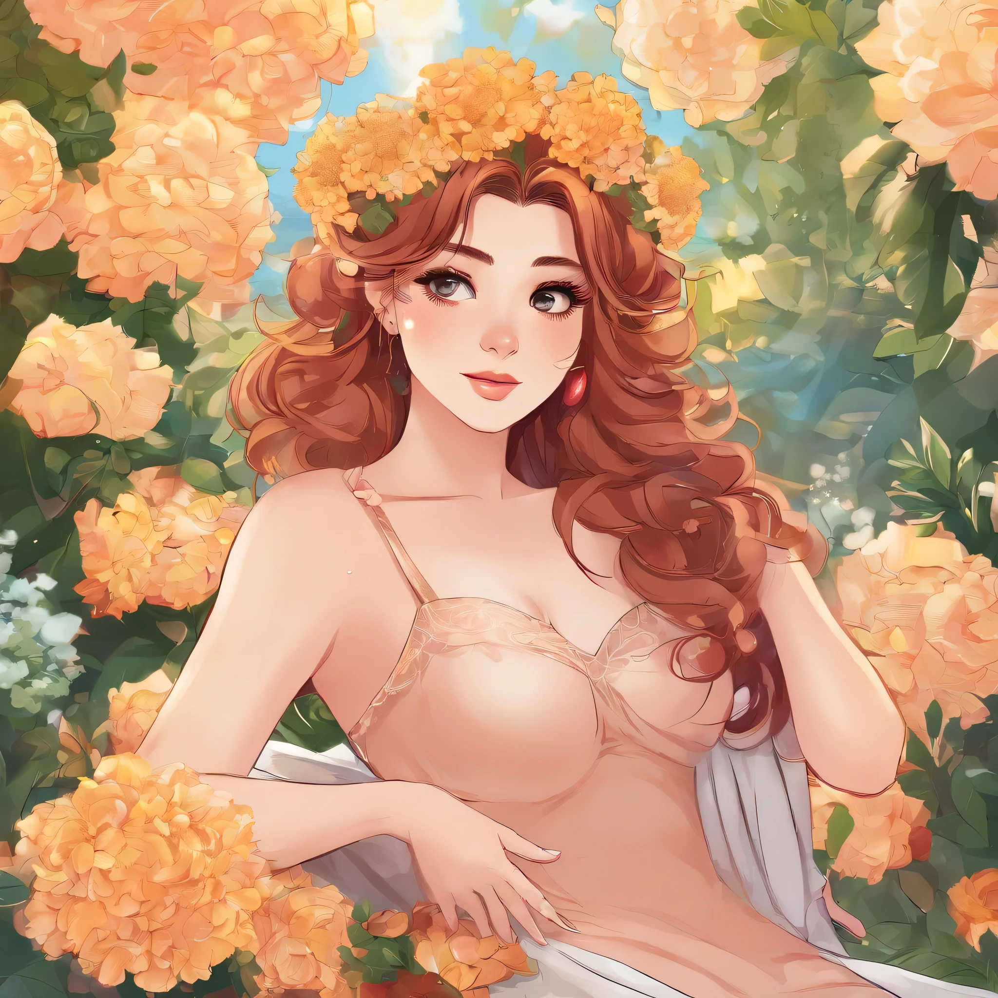 most beautiful in the world, fair,  girl, wearing nothing, reddish skin, golden hue aura, sitting, with beautiful flower garland, photo realistic, 8k ultra defination, surrounded by flowers, bokeh, animated lighting, sexy hot scenes, nude 