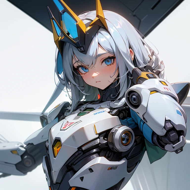 ((Robot Girl, Mechas)), olhos brilhantes, rosto delicado, armadura quebrada, mechanical aura, mechanical arm, cabelo grisalho, Cabelo longo, ceramic body, fenda apertada, tiny chest, cyber background, Cidade muito legal, (Translucent, pele reflexiva), 8k, melhor qualidade, ultra-detalhado, (Surrealismo: 1.4),