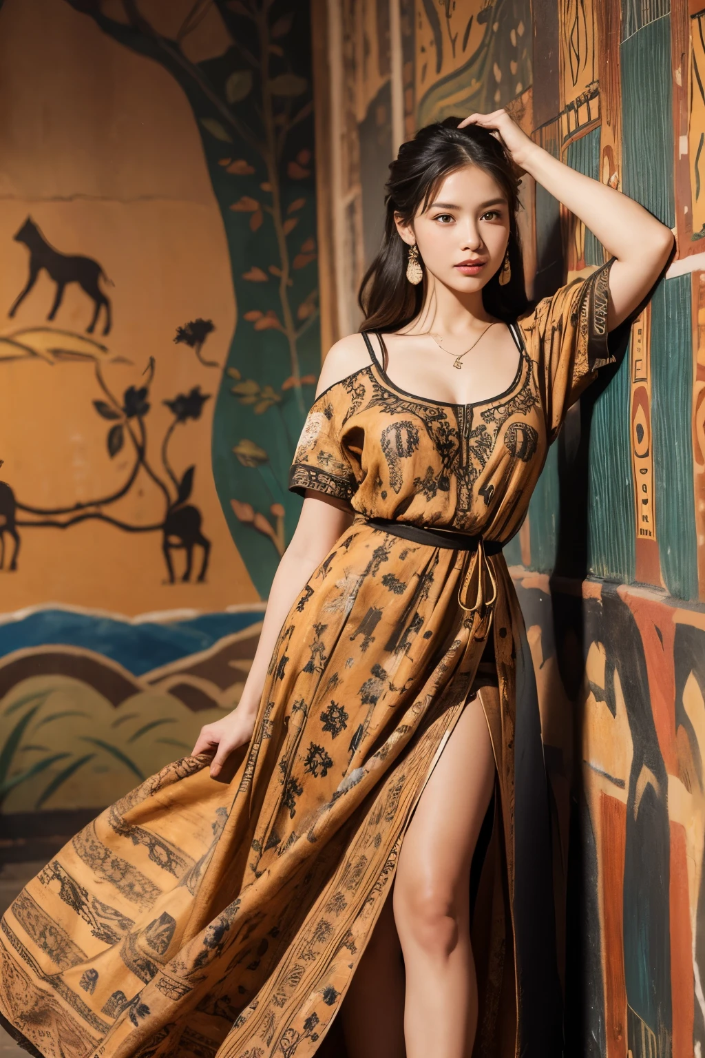 Beautiful woman wearing a dress made of animal skin, Primitive era mural background, model pose,
