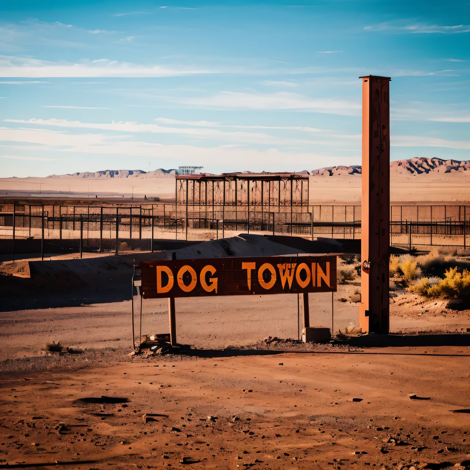 broken rusty sign says (DOG TOWN) in front of an prison with gard Towers in the middle of the desert