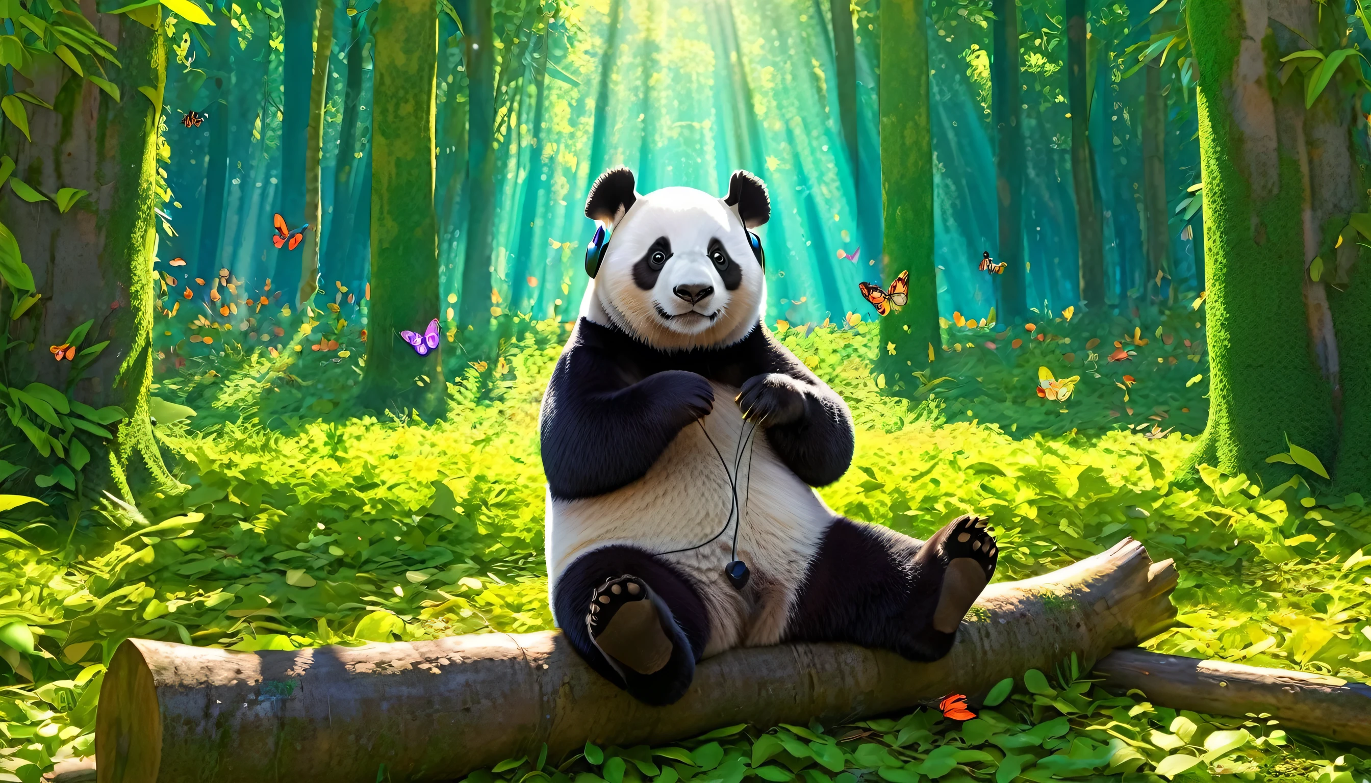 The image shows a panda bear sitting on a fallen log in the center of a lush, colorful forest. He wears a pair of giant headphones that cover his furry ears while he listens to music. All around you, tall trees rise toward the blue sky, with vibrant, colorful leaves gently dancing in the wind. Filtered rays of sunlight shine through the treetops, creating patterns of light and shadow on the leaf-covered ground. Small birds and butterflies fly around the panda bear, as if dancing to the music. The scene conveys a feeling of serenity and joy, as the bear enjoys a moment of relaxation and harmony with nature.