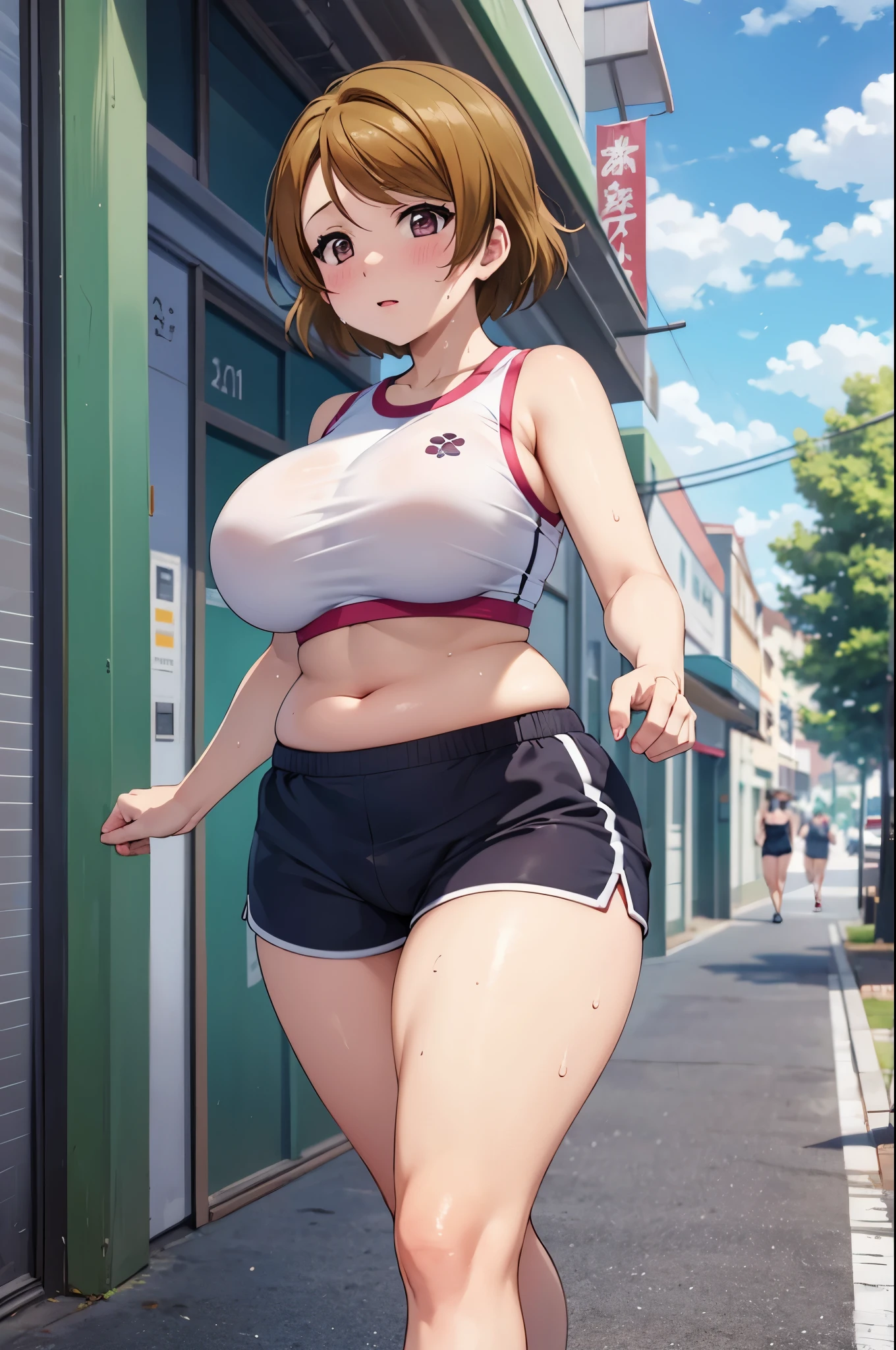 koizumi hanayo, gym bra,big breasts,fat,, curvy body,plump, shorts,in street, sunny day,sweaty, sweating ,(exposed crotch:1.1)