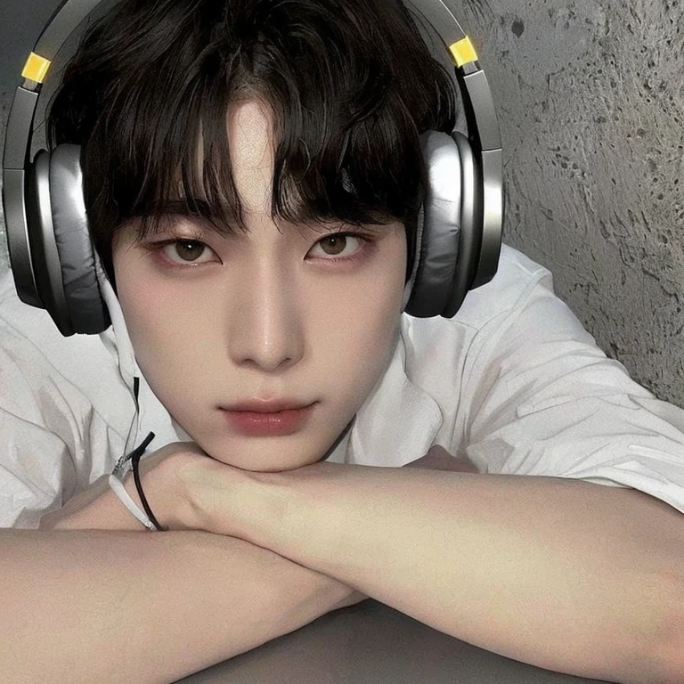 there is a young boy wearing headphones and leaning on a table, jung jaehyun, with head phones, cai xukun, with headphones, jungkook, male ulzzang, virtual self, hyung tae, he has headphones, taejune kim, sakimichan, xqc, kim doyoung, inspired by jeonseok lee, wearing headphones, hong june hyung, Sunoo enhype, Korean face