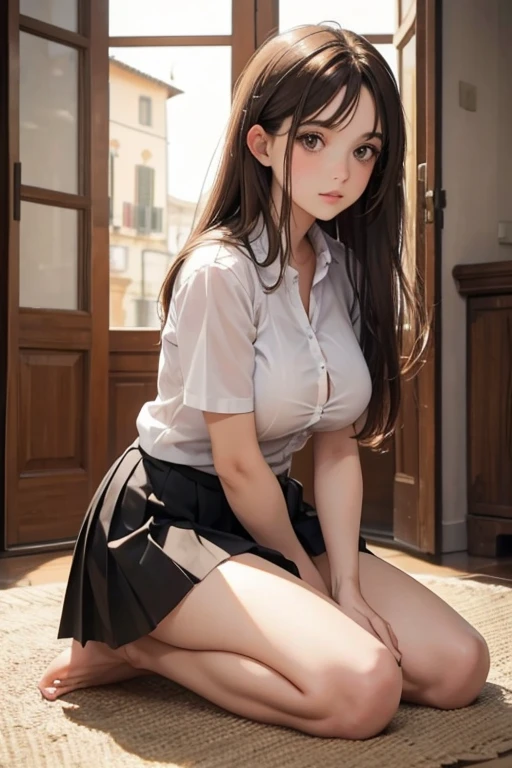 Italian girl, very long brown hair, super gigantic breasts, wearing a small shirt, wearing a black pleated mini skirt, her hair covering her breasts, bare feet, kneeling in the offic