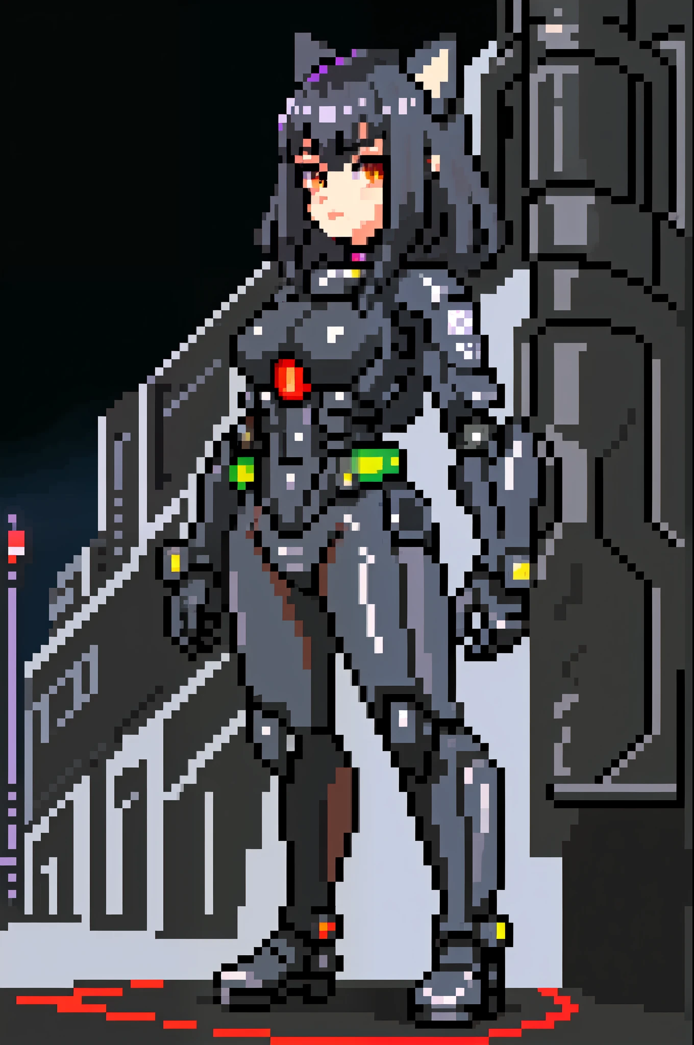 Una mujer con uniforme blindado negro, futuristic, Robot gigante, inspirado en Krenz Cushart, neoism, tipo, Oh!, anime gits, fondo de ciudad futurista, ambiente nocturno, junkotvv, orejas de gato