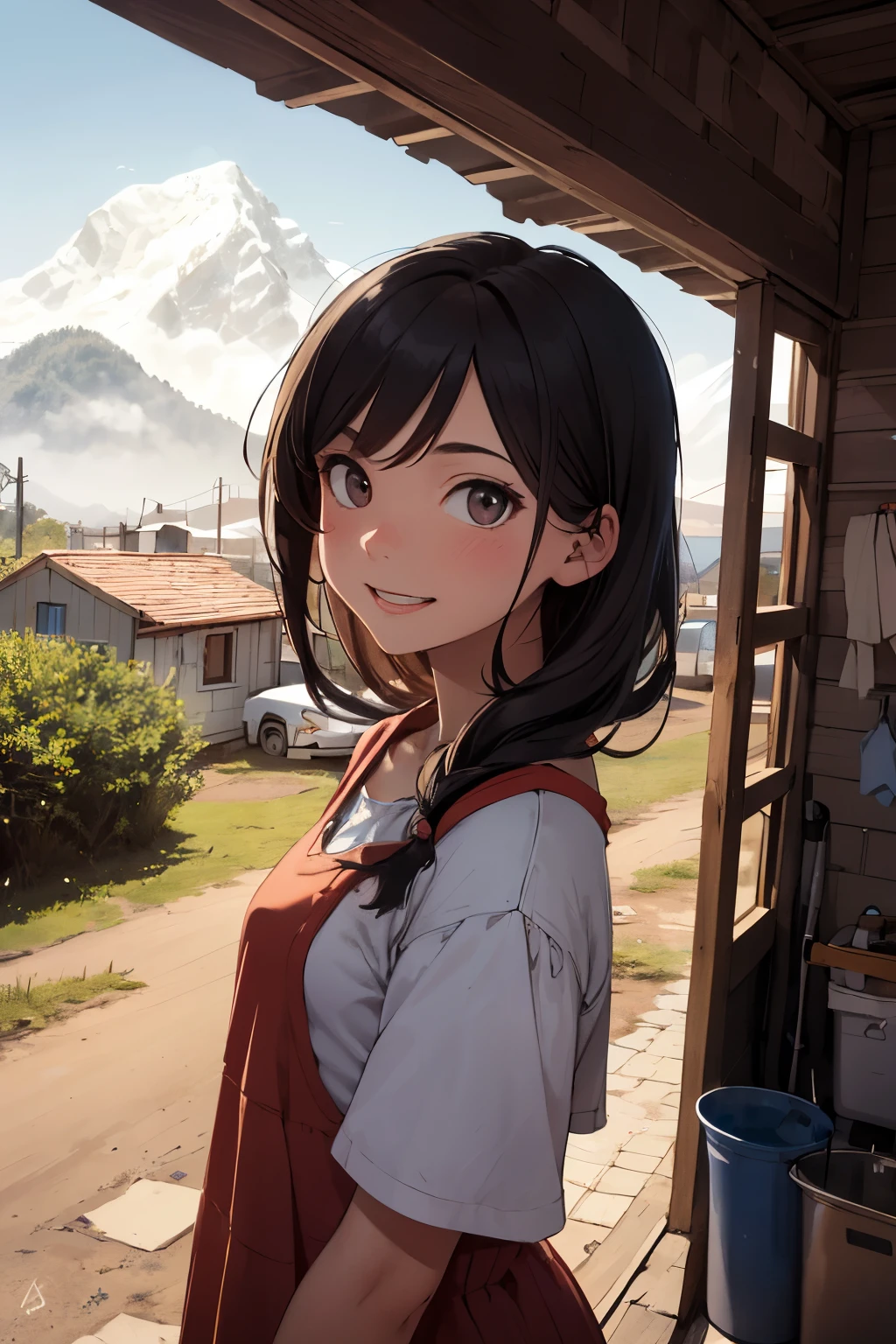 In a small town nestled among the mountains, lived a beautiful girl named Amara. Amara lived with her mother and father in a small house made of red bricks on the outskirts of town. Despite their simple life, Amara was always cheerful and full of love.