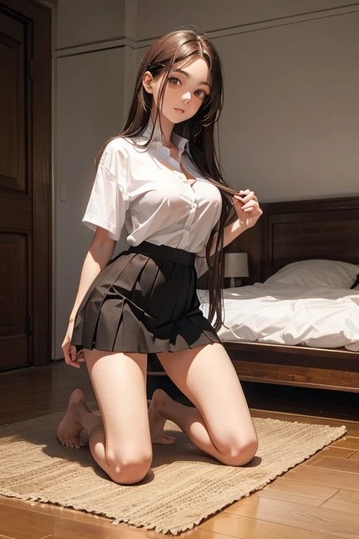 Italian girl, very long brown hair, super gigantic breasts, wearing a small shirt, wearing a black pleated mini skirt, her hair covering her breasts, bare feet, kneeling in the offic