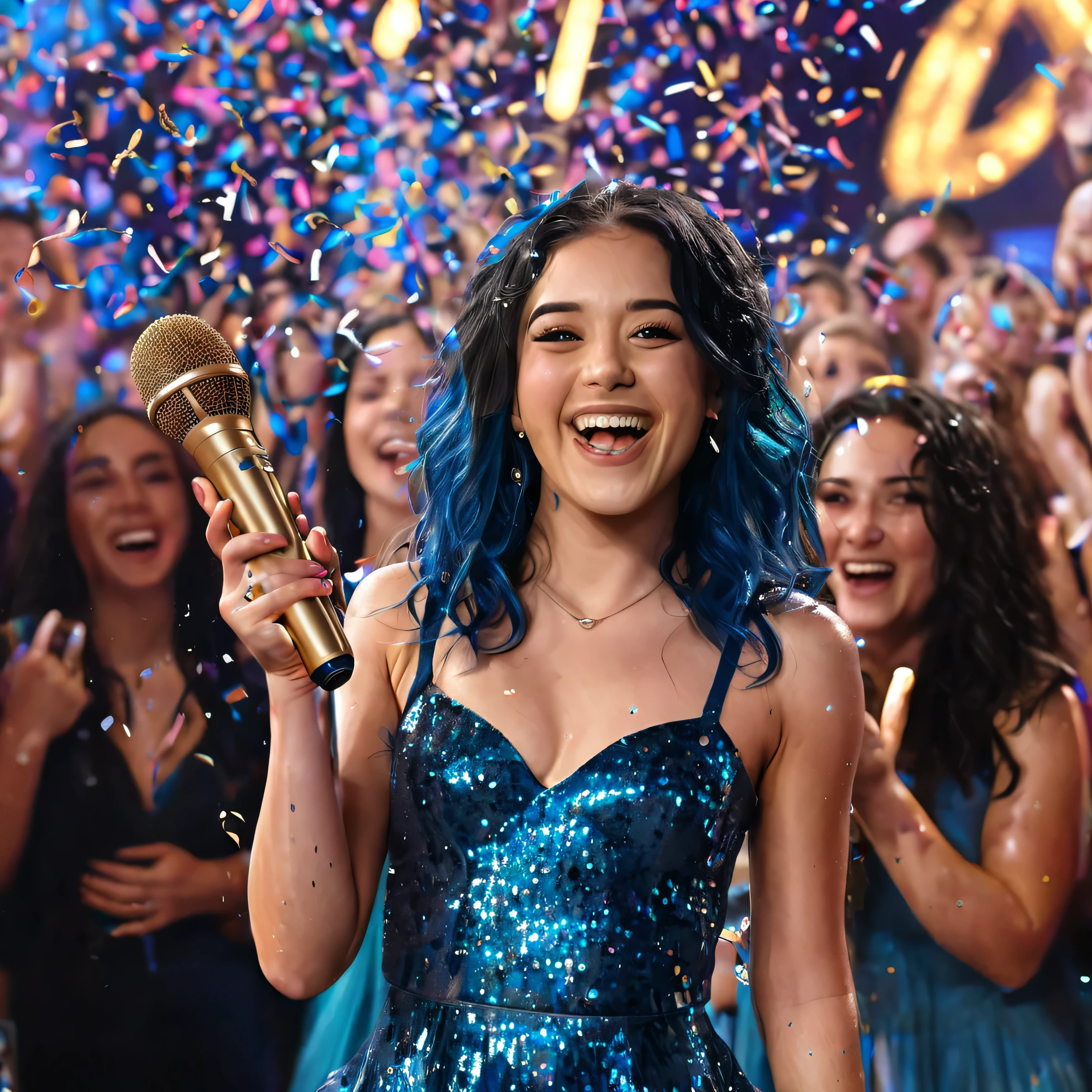 A photorealistic image of a young Latina woman with shoulder-length, vibrant blue hair and sparkling blue eyes. She is onstage, holding a golden microphone aloft in triumph, a wide smile on her face. Confetti rains down around her as she celebrates winning a singing competition. The crowd is blurred in the background, but their excited cheers are clear.