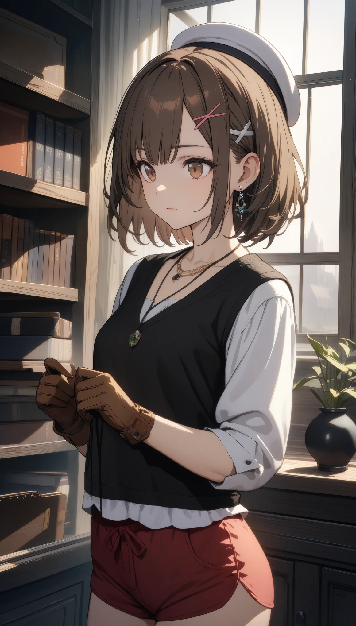32k, best quality, ultra high res, HDR, UHD, extremely detailed CG, unity 32k wallpaper, (masterpiece:1.3), (highest quality:1.3),indoor,Bookshelf,window,alone,One girl, I have traveled_stout, Upper Body, Are standing,Brown hair, Brown eyes, alone, hairclip, Earrings, jewelry, short_hair, white_hat, Have, hair_ornament, Brown_gloves, necklace, short_shorts, x hair ornament, red shorts, Braiding,